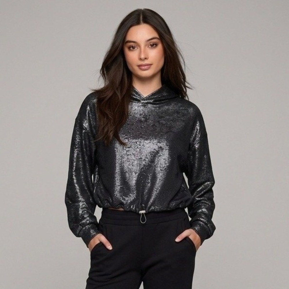 Pilcro Carbon Black Metallic Cropped Hoodie Sweatshirt Size XS Anthropologie New